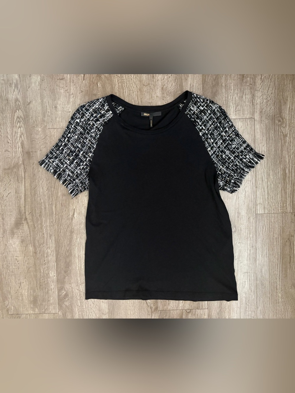 Maje Black Tweed Sleeve Cotton Blend Preppy Classic Feminine Tee Size 3 (L)